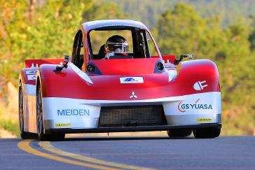 2012 PPIHC Practice Day One .An advanced race-spec version of the Mitsubishi i - the i-MiEV Evolution - in a practice run on the lower section (Starting Line to Glen Cove) of the 2012 Pikes Peak International Hill Climb.