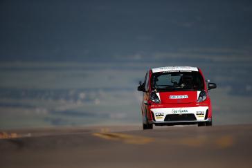 The second Mitsubishi entry in the 2012 Pikes Peak International Hill Climb, a production 2012 Mitsubishi i-MiEV driven by professional SCORE International off-road racer Beccy Gordon, finished 6th in the Electric Vehicle class with a time of 15 minutes, 10.557 seconds. (Photo by Larry Chen)